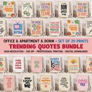 Puede incluir: Una colección de 20 impresiones enmarcadas con citas inspiradoras, exhibidas en soportes transparentes. Las impresiones presentan varios diseños con elementos florales y retro, y frases como "Happy Place" y "Good Things Take Time."