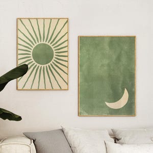 Mid Century Modern Wall Art Set of 2 Sage Green Celestial Abstract Prints for Contemporary Bedroom or Living Room, Scandanavian Wall Art