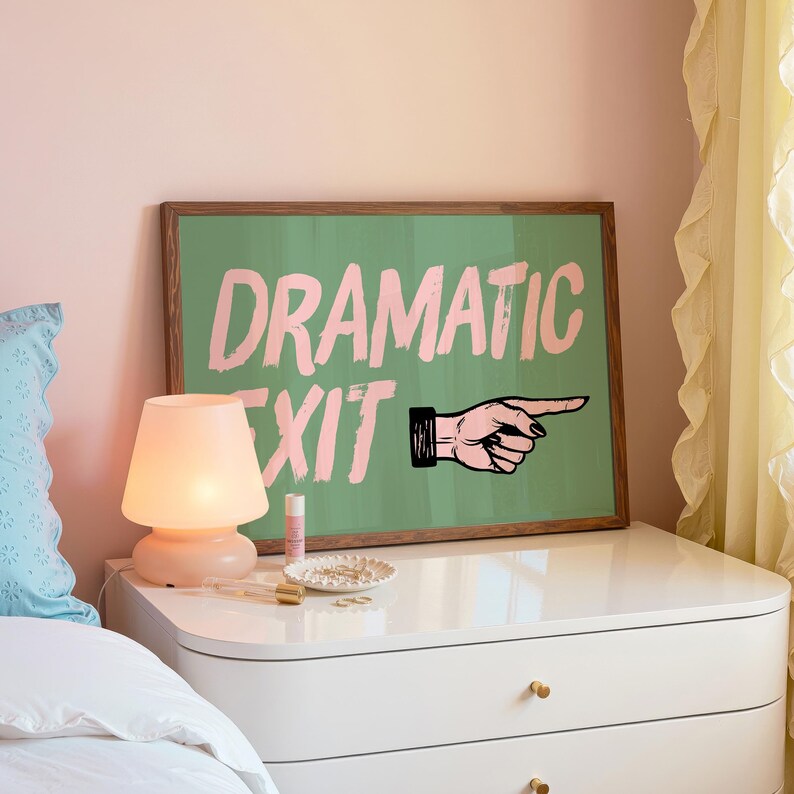 Dramatic Exit Print: Funny Hallway Wall Art, Sage Green Horizontal Print, Digital Download image 7