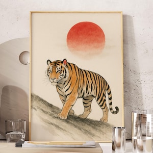 Lámina de tigre vintage, lámina de tigre japonés, lámina minimalista neutra, tigre majestuoso, póster de animales japoneses