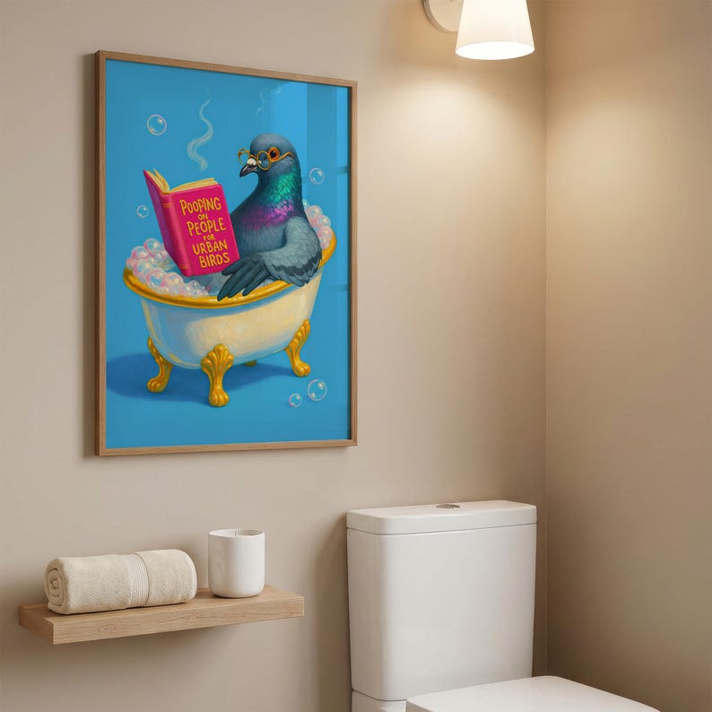 Arte divertido para el baño, arte animal caprichoso, libro de palomas leyendo, cagando sobre personas, descarga digital imagen 3