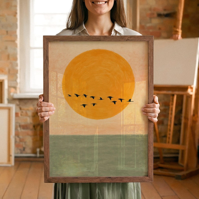 Mid-Century Modern Rising Sun Art Print, Japanese Landscape Wall Art, Digital Download image 3
