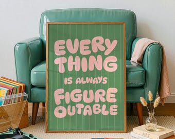 Tutto è risolvibile, Quadro motivazionale da parete, Poster tipografico, Verde e rosa, Download digitale