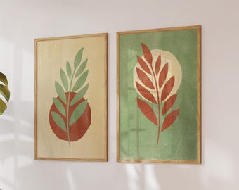 Sage Green & Terracotta Floral Prints Set of 2, Earthy Living Room Art, Digital Download