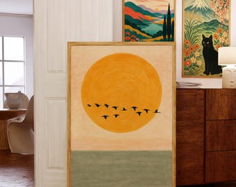 Mid Century Modern Abstract Landscape Painting, Japanese Wall Art, Rising Sun Art Print for Bedroom, Scandinavian Wall Art,Japandi Art Print