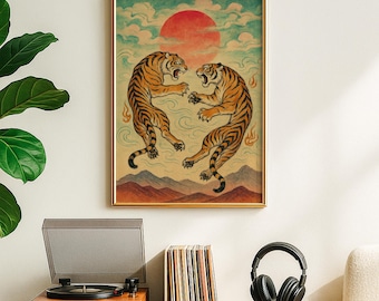 Japanese Tiger Wall Art, Vintage Japanese Mythology Art Print, Maximalist Japanese Illustration, Japandi Digital Art, Japanese Red Sun Print