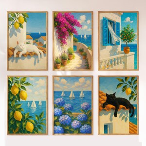 Mediterranean Coastal Print Set: Lemon Trees, Cats, Sailboats (Digital Download, Set of 6)