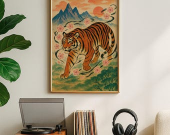 Japanese Tiger Wall Art Print, Maximalist Tiger Poster, Japanese Mythology Art, Eclectic Wall Art, Vintage Tiger Art, Asian Tiger Print