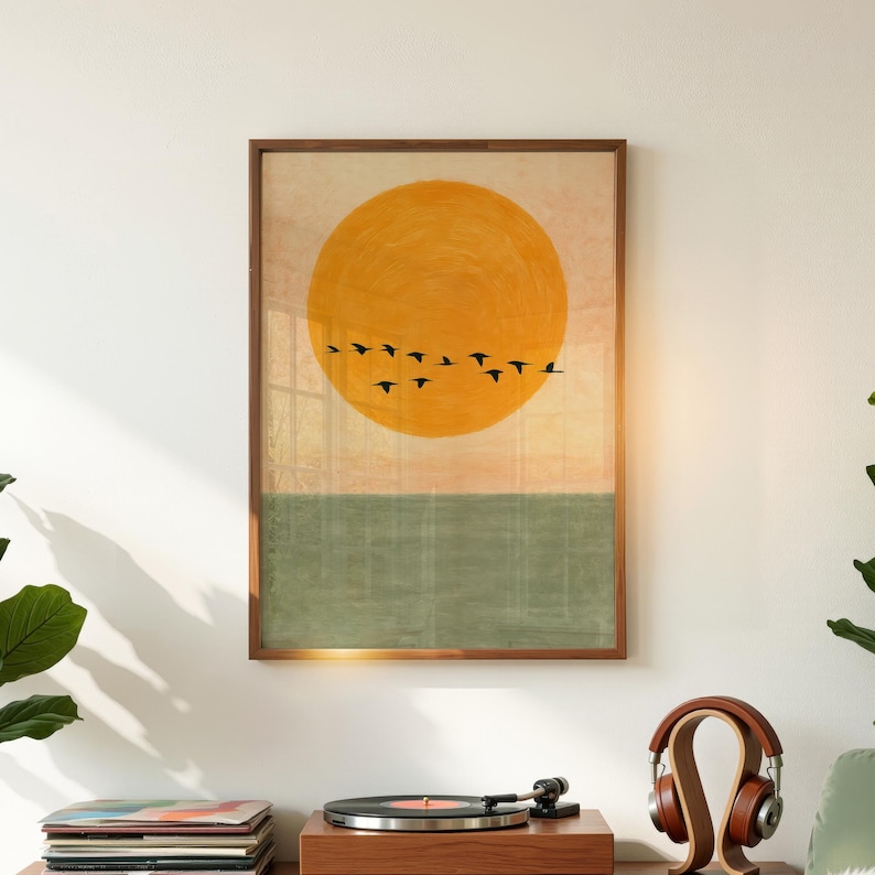Mid-Century Modern Rising Sun Art Print, Japanese Landscape Wall Art, Digital Download image 2