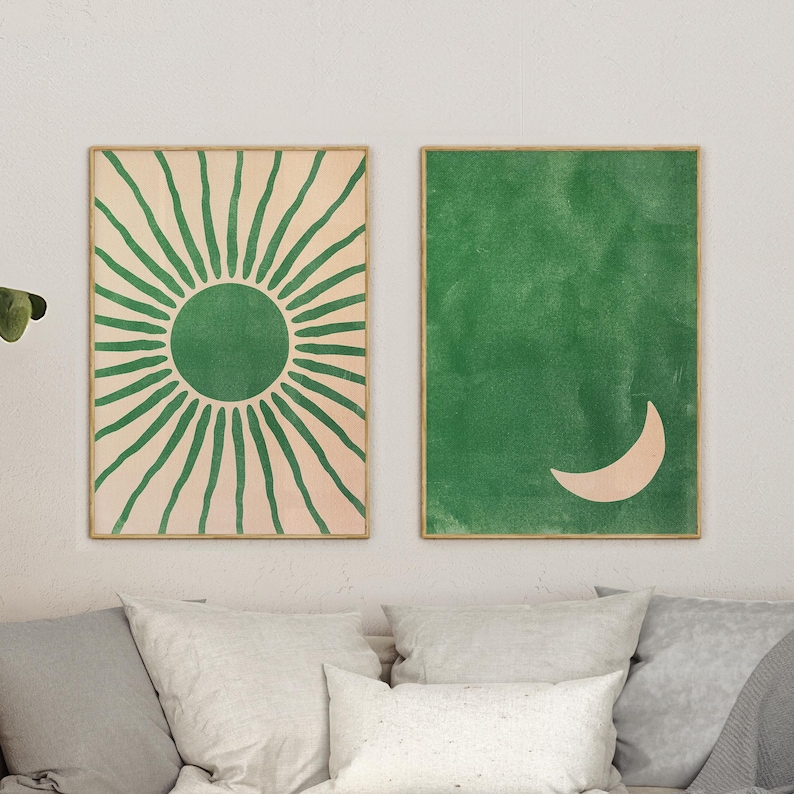 Sage Green Wall Art Trendy, Boho Wall Art Living Room Decor, Dark Green