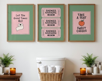 Funny Bathroom Wall Art, Bathroom Dopamine Decor, Guest Bathroom Print, Toilet Humor Poster, Pink and Green, Set of 3 Digital Download