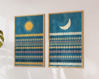 Navy Blue Sun and Moon Abstract Prints, Boho Celestial Wall Art, Set of 2, Digital Download