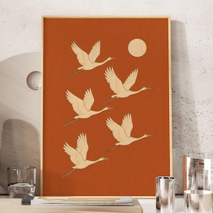 Japanischer Kranich Wandkunst, Wabi Sabi Japandi Wandkunst, Zen Natur Wandkunst, Fliegender Kranich Druck, Terrakotta Vogel Poster für ruhige Wandkunst