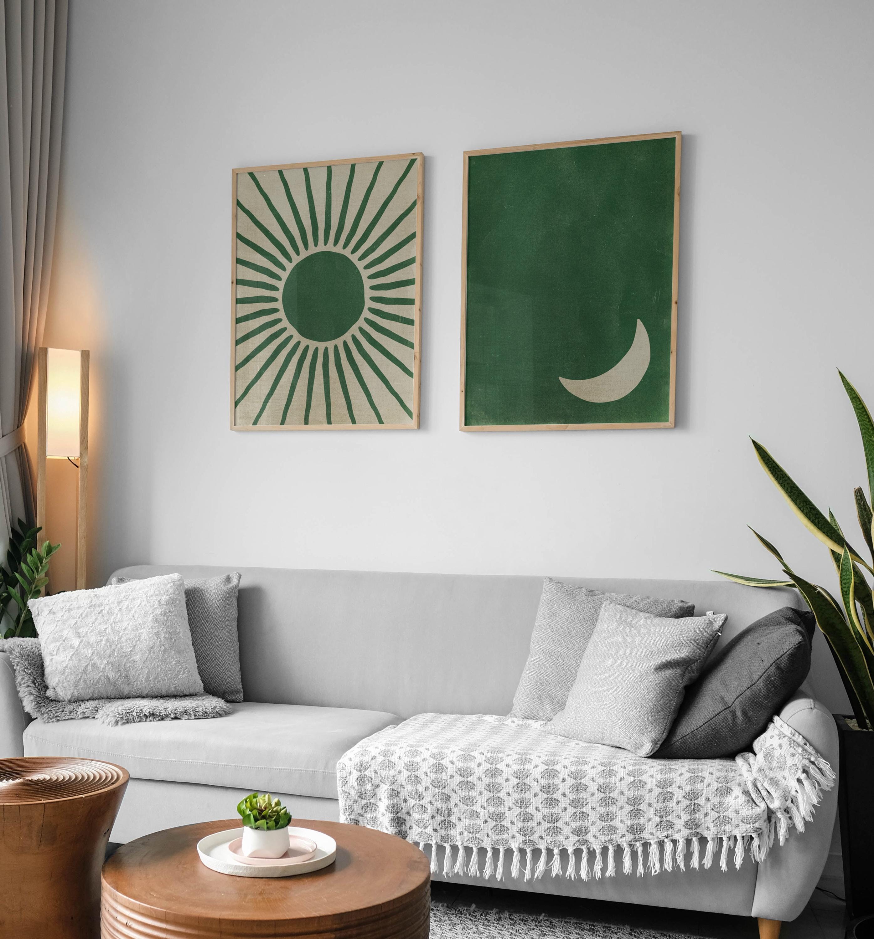 Sage Green Boho Living Room Wall Decor, Eclectic Dark Green Home Decor