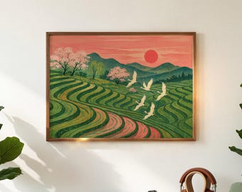 Japanese Crane Landscape Print: Wabi Sabi Zen Wall Art (Digital Download)
