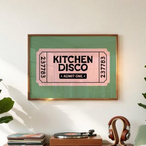 Kitchen Disco Ticket Print, Retro Bar Cart Decor, Sage Green and Pink, Digital Download