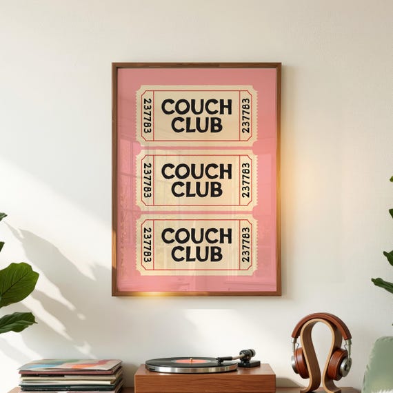 Couch Club Ticket Poster, Above Couch Art, Retro Living Room Prints, Digital Download