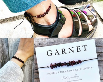 Garnet Gemstone Chip Adjustable String Anklet or Bracelet with Sterling Silver