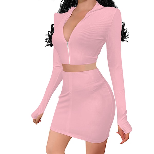 Custom Women's Two Piece Outfits ,  Long Sleeve ,  Zip Up Top  , Short Skirt Set