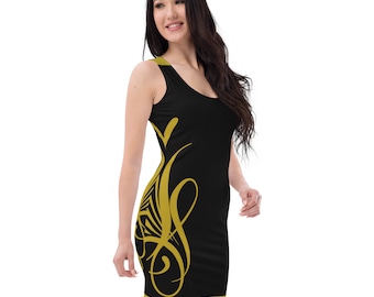 Gold and Black Sublimation Cut & Sew Dress ,  womens sexy dress ,  sexy Black and gold dress