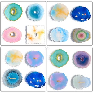 Puede incluir: Doce moldes de silicona redondos y cuadrados para el arte de la resina. Los moldes están diseñados para crear posavasos con un diseño de ágata o geoda. Los moldes se muestran con posavasos de resina terminados en varios colores, incluidos el azul, el rosa, el morado y el verde.