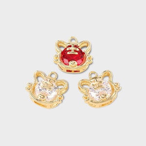 Gold Plated Chinese Zodiac Year of Tiger Red/White Zircon Charms, Wholesale Jewelry Making Supplies