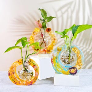 Può includere: Tre vasi decorativi in resina con inserti in vetro trasparente, ciascuno con piante. I vasi hanno forme uniche e design colorati, con accenti gialli, blu e oro. Le piante hanno foglie verdi.