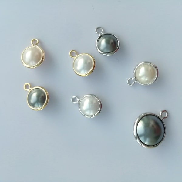 Wholesale gold plated double-sided smooth pearly bead charms, white/beige/grey, 8x11mm, jewelry making supplies
