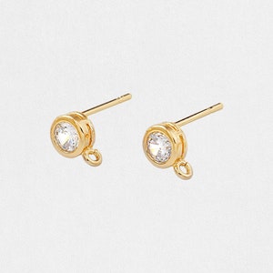 Gold Plated Round Zircon Stud Earring Blanks, Earring Posts with Loops, Earring Parts, Wholesale Earring Making Supplies