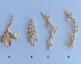 Gold plated leaf pendants, fern connector pendants, flower pendants, nature plant pendants, jewelry making supplies, A/B/C/D