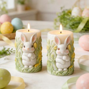 Può includere: Due candele a colonna bianche accese con un design a coniglietto 3D. Le candele presentano un coniglietto bianco con orecchie rosa e un motivo floreale verde e giallo. Uova di Pasqua e nastri sullo sfondo.