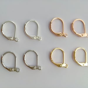 Può includere: Sei ganci per orecchini in tre diverse finiture: argento, oro e oro rosa. I ganci sono tutti della stessa dimensione e forma, con un piccolo anello nella parte superiore e un filo curvo che forma un gancio.