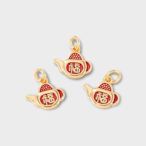 Encantos de tetera Fu chino rojo, encantos de tetera de metal de esmalte, suministros de fabricación de joyas al por mayor