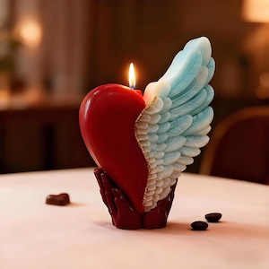 Op de afbeelding: Een hartvormige kaars met een rode waslichaam en een blauw en wit vleugelontwerp. De kaars is aangestoken met een vlam en wordt vastgehouden door een paar handen. De kaars is een decoratief item.
