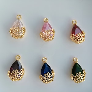 Wholesale gold plated zircon teardrop charm with floral edge, 10x16mm, diy jewelry making supplies