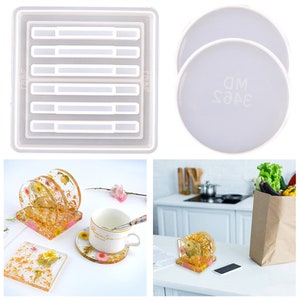 May include: A set of two silicone moulds for making coasters. One mould is a square with six rectangular cavities. The other mould is a circle. The moulds are shown with finished resin coasters with dried flowers and gold leaf.