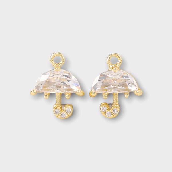 Gold Plated Clear Zircon Paved Small Umbrella Charms, 9.5x11mm, Jewelry Making Supplies Wholesale