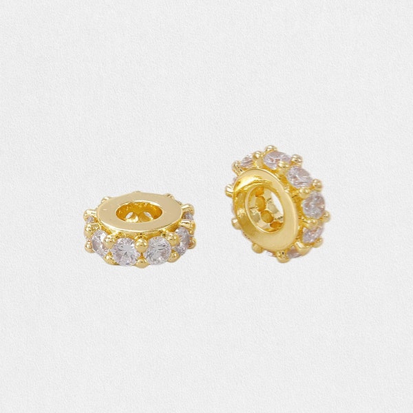 Gold Plated Clear Zircon Paved Spacer Beads, 9x9mm Rondelle Spacer Beads, Wholesale Jewelry Making Supplies