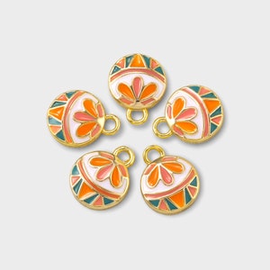 Gold Plated Round Enamel Flower Charms, 11x14MM, Jewelry Making Supplies Wholesale