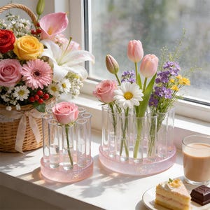 以下が含まれることがあります： ピンクのグリッターベースが付いた透明なガラスの花瓶が2つあり、それぞれに生花が入っています。1つの花瓶にはピンクのバラが1本、もう1つにはチューリップ、デイジー、その他の花が入っています。背景には花の入った柳のバスケットがあります。