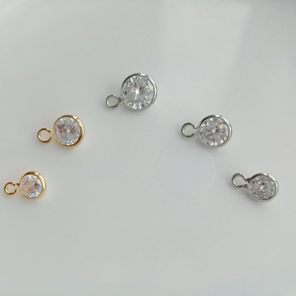 Gold plated tiny round clear zircon charms, gold or silver, wholesale jewelry making supplies, S/M/L