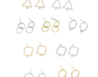 Gold Plated Geometric Stud Earring Blanks, Earring Posts with Loops, Earring Parts, Wholesale Earring Making Supplies