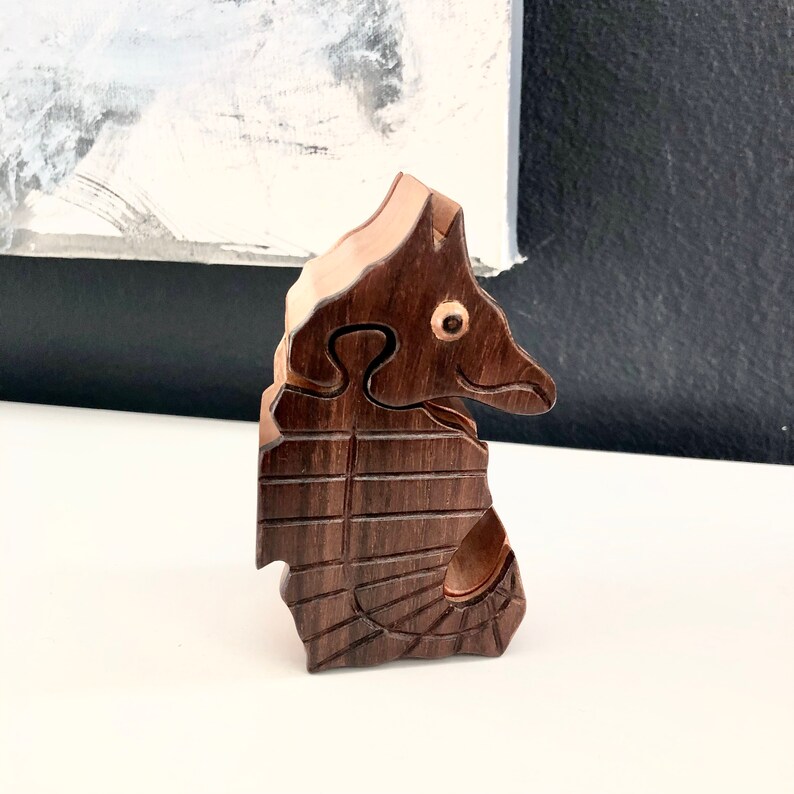 Jewelry Box Trinket Box with Hidden Compartments for Storage Sea Horse Wooden Puzzle Box Collectible Wood Animal Figurine with Drawer