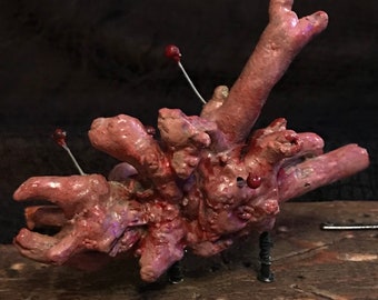 Può includere: Una scultura in corallo rosa e rosso con una superficie testurizzata. La scultura è montata su una base in legno con perni metallici.