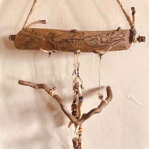 Hanging driftwood mobile 3/ suspended sculptural piece / wood, steel, bone, hemp twine