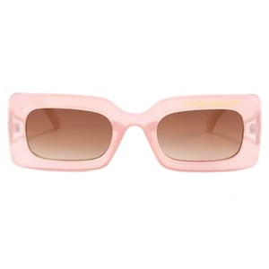 May include: Pink square-shaped sunglasses with brown gradient lenses. The sunglasses have the text "GOOD ENERGY" printed on the right lens.