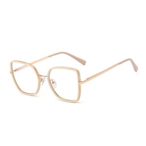Beige & Gold Square Blue Light Glasses | Oversized Blue Light Blockers | Square Cat Eye Fashion Eyewear | Retro Khaki Fashion Eye Glasses
