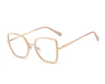 Beige & Gold Square Blue Light Glasses | Oversized Blue Light Blockers | Square Cat Eye Fashion Eyewear | Retro Khaki Fashion Eye Glasses