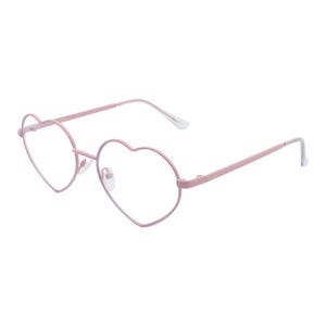 May include: Pink heart-shaped glasses with a metal frame.