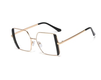 Retro Square Gold & Black Oversized Computer Glasses | Blue Light Blocking Glasses | Anti Blue Light Fashion Eyewear | Women's Fashion Specs